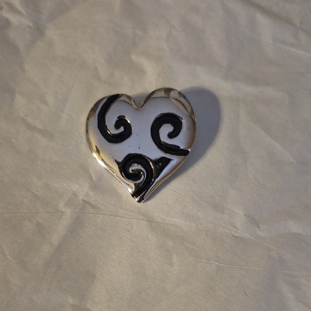 Silver Heart Brooch with Black Swirls